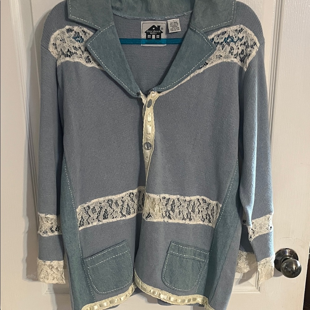 Storybook Knits Blue Cardigan with Lace Accents